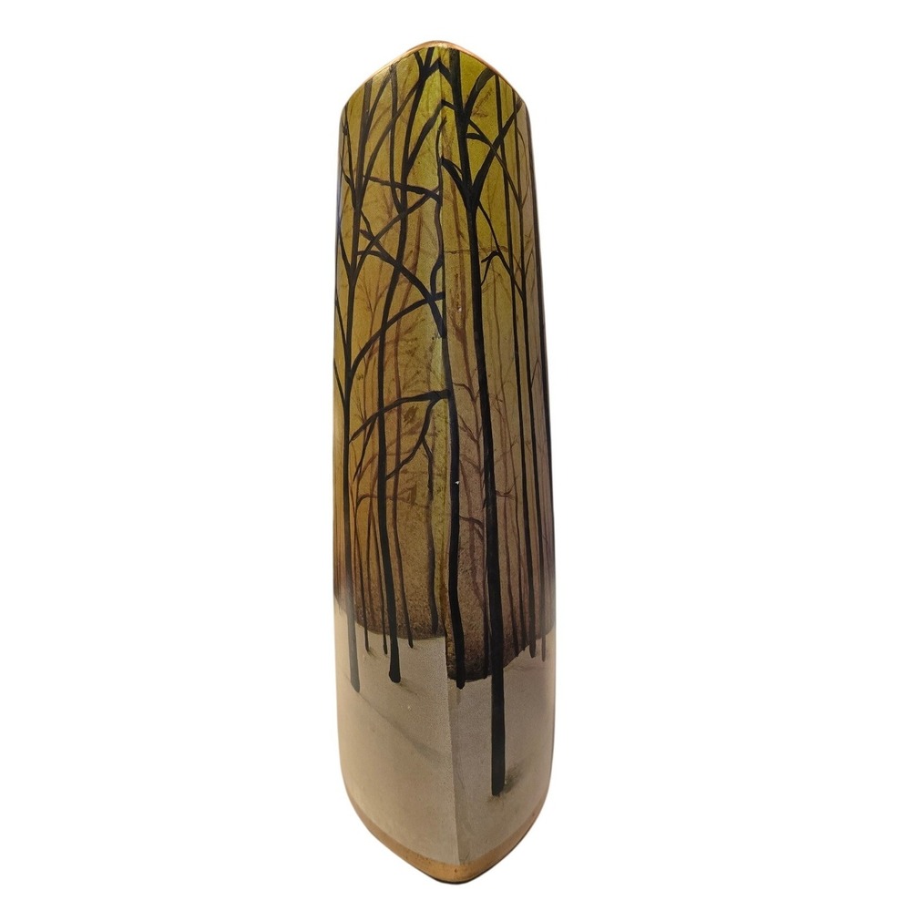 Modern Ceramic Winter Forest Tree Scene Boat Shaped Vase Gold Rim 11 Inch - Picture 3 of 9
